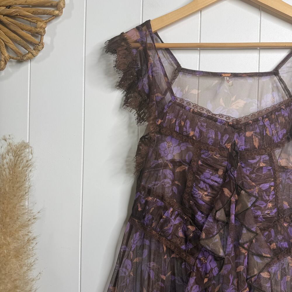 Free People tunic top floral lace sheer ruffled boho mesh top Large - Picture 4 of 8